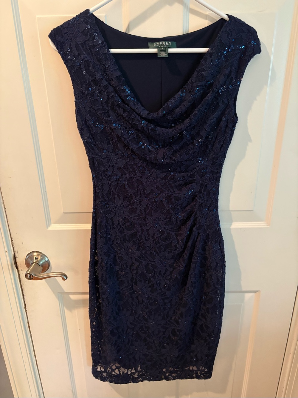 Lauren Ralph Lauren Navy Lace Sequin Midi Sheath Dress